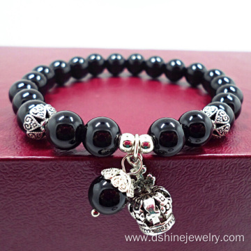 Black Onyx Beads Bracelet With Crown Drop Pendant Bracelet